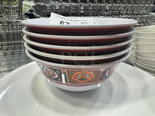 Tai-Hong melamine ware plastic bowls, set of 5, stacked. Decorative Asian-style patterns, new condition, auction tag visible.