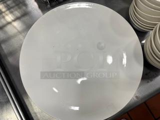 12.5" round porcelain serving platter BIDX4, plain white, glossy finish, in good condition.