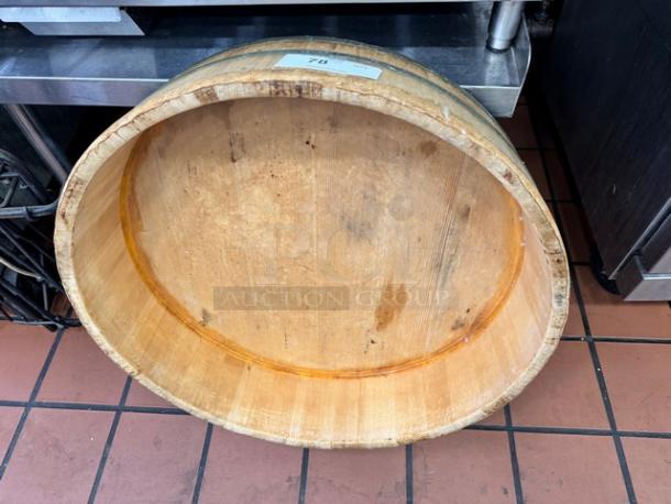 28x7" wood barrel bowl, natural finish, rustic appearance. Visible label marked "728." Suitable for decor or storage.