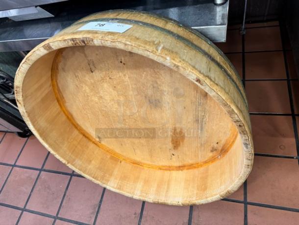 28x7" wood barrel bowl, vintage look, natural finish with slight wear. Auction tag indicates item number 75.