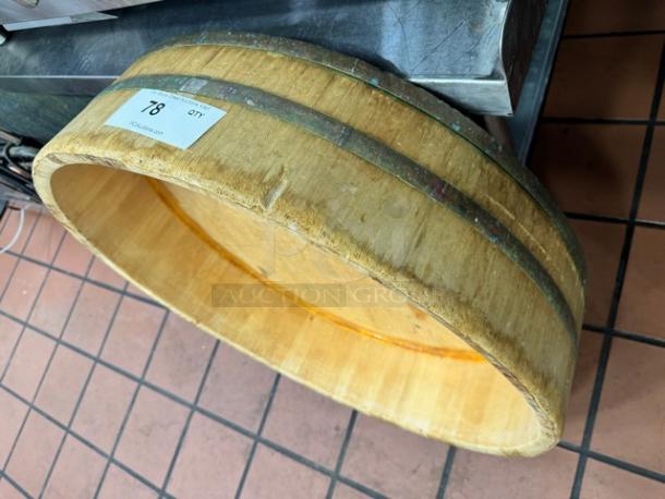 28x7" wood barrel bowl with metal bands, natural finish, circular shape, good condition, auction lot label "78".