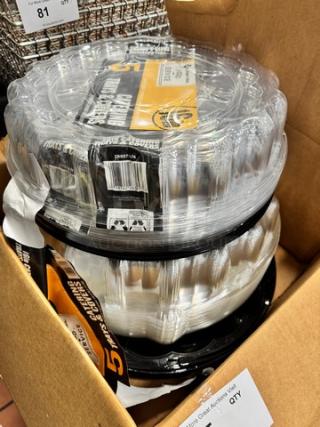 Catering trays with clear lids, stackable design, black bases. New condition in original packaging; includes UPC label.