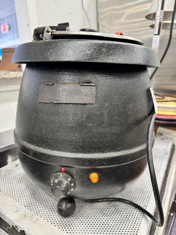 Commercial 10 Quart Electric Soup Kettle, black, used condition, adjustable temperature control, power indicator light.