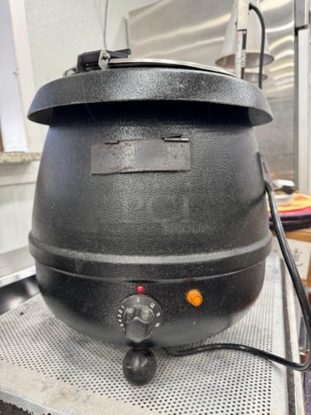 Commercial 10 Quart Electric Soup Kettle, black, with adjustable temperature dial, used condition, visible power cord.