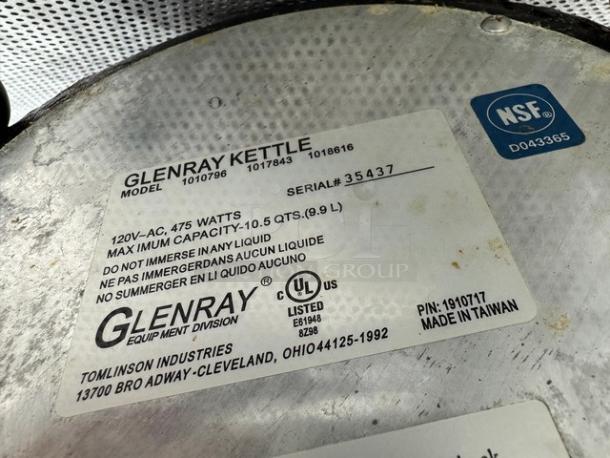 Glenray 10.5-quart electric soup kettle, Model 1010796, 475 watts, NSF certified, made in Taiwan, serial number 35437.