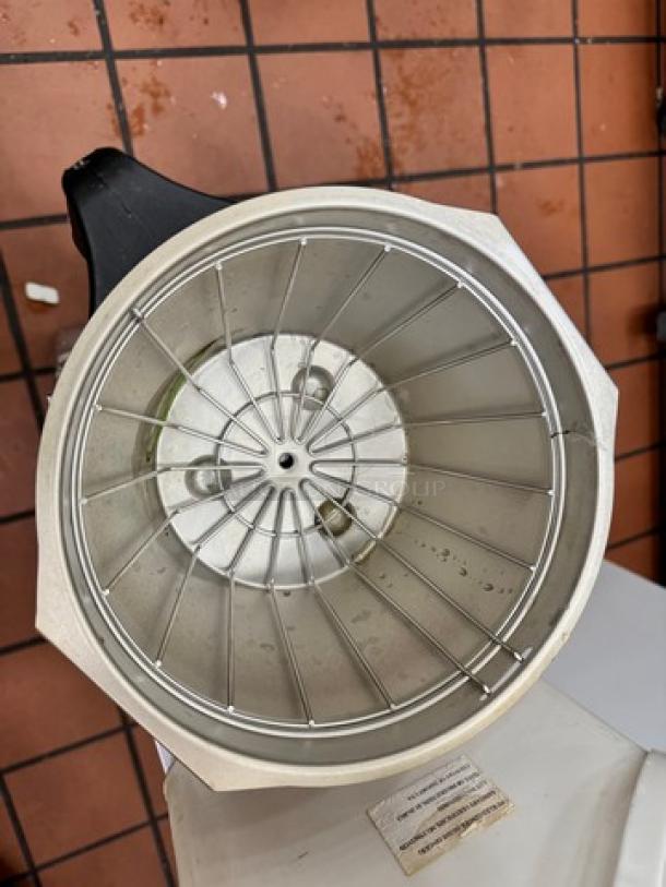 Lot of 3 metal funnels with wire grid interior, in fair condition. Suitable for kitchen or industrial use. All for one price.