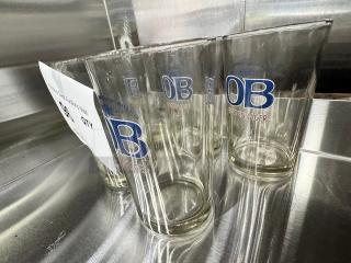 Lot of 5 OB Golden Lager glasses with logos, clear glass, used condition, sold together.