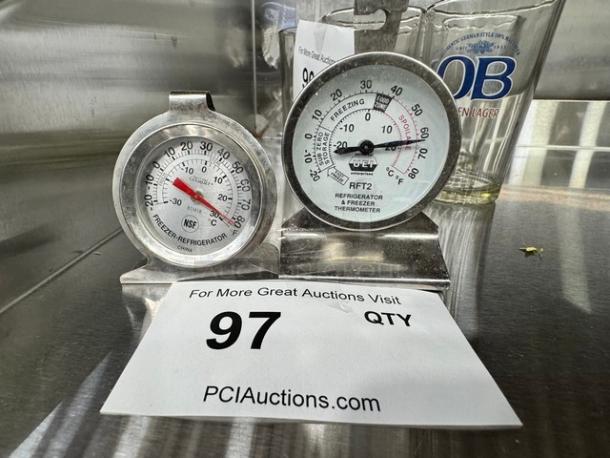 Lot of 2 refrigerator and freezer thermometers, stainless steel. NSF certified. Includes model RFT2. Used, good condition.