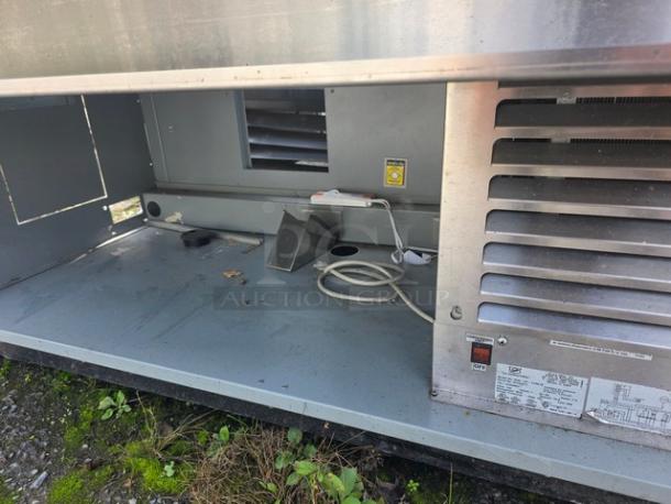 Duke SUB-CP-TC60M prep table refrigerator, 60", needs new plug, 120V, 1PH, 60Hz, 7.9A. Interior and vent view.