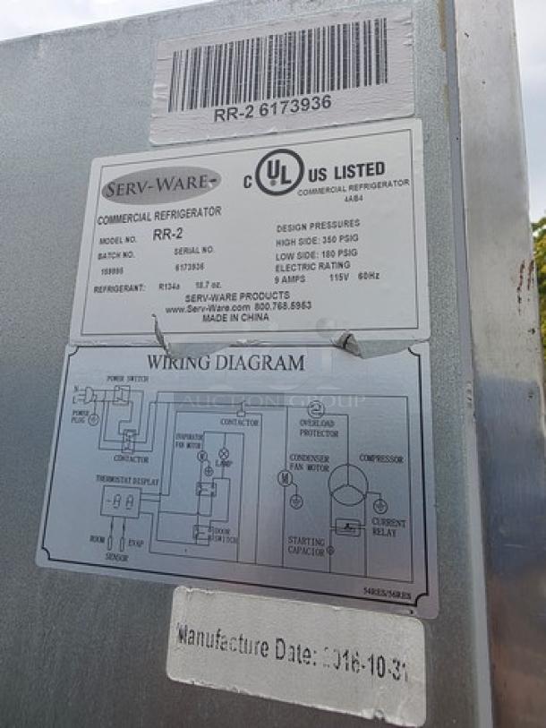 Serv-Ware RR2 commercial refrigerator label, showing model RR2, UL certification, wiring diagram, and manufacture date.
