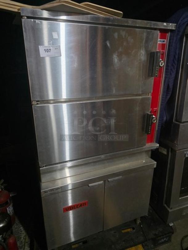 Vulcan-Hart VS3616GE Natural Gas Convection Steamer, 300,000 BTU. Stainless steel exterior, dual compartments, label "107."