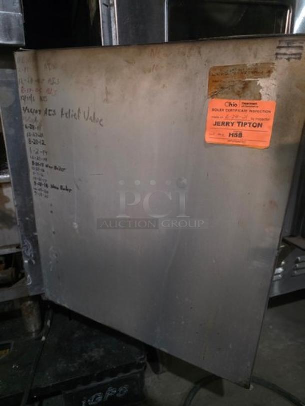 Vulcan-Hart VS3616GE Natural Gas Convection Steamer, 300,000 BTU, features inspection sticker and handwritten notes on panel.