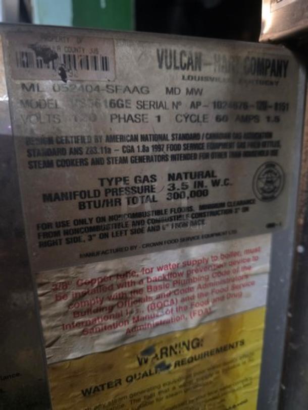 Vulcan-Hart VS3616GE Convection Steamer label showing natural gas type, 300,000 BTU, and model specifics.