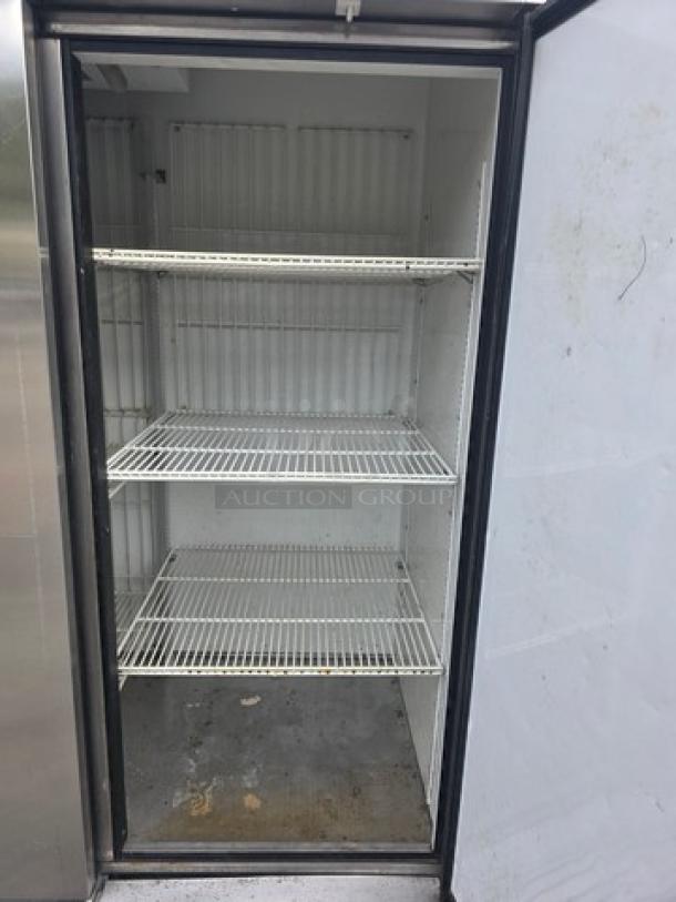 True T-72F T-Series 3-Section Solid Door Reach-In Freezer, on casters. Interior with wire shelving, used condition.