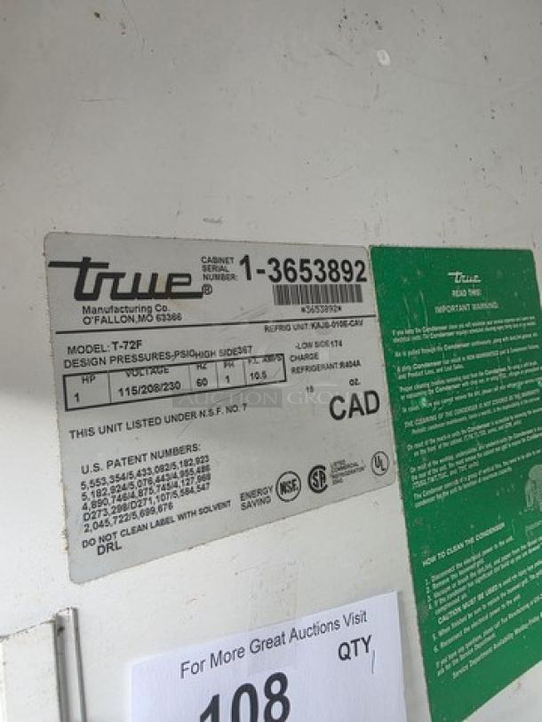 True T-72F T-Series reach-in freezer label showing model and specifications, including design pressures and voltage.