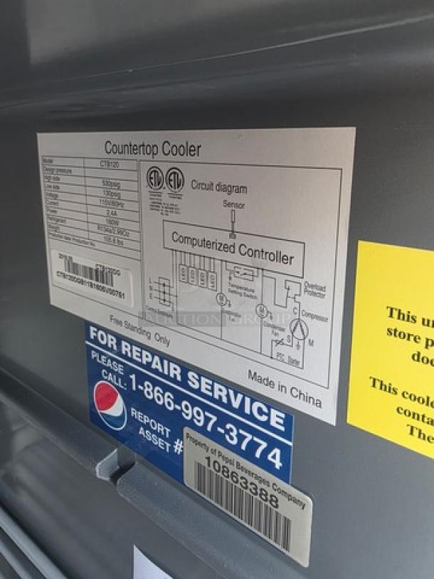CTB120 Countertop Cooler label showing model, computerized controller diagram, repair service contact, and asset number.