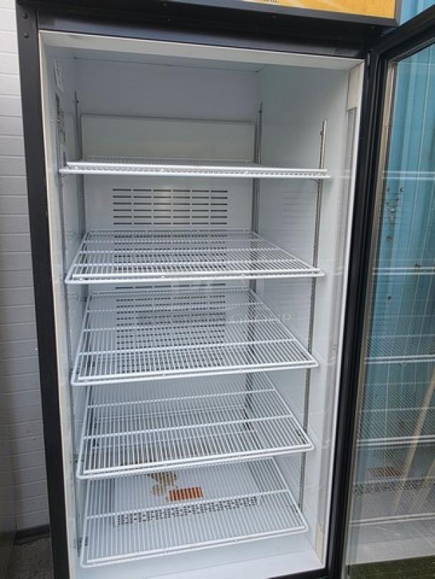 Frigoglass MC750-V2 single glass door refrigerator merchandiser on casters, five shelves, clean condition.