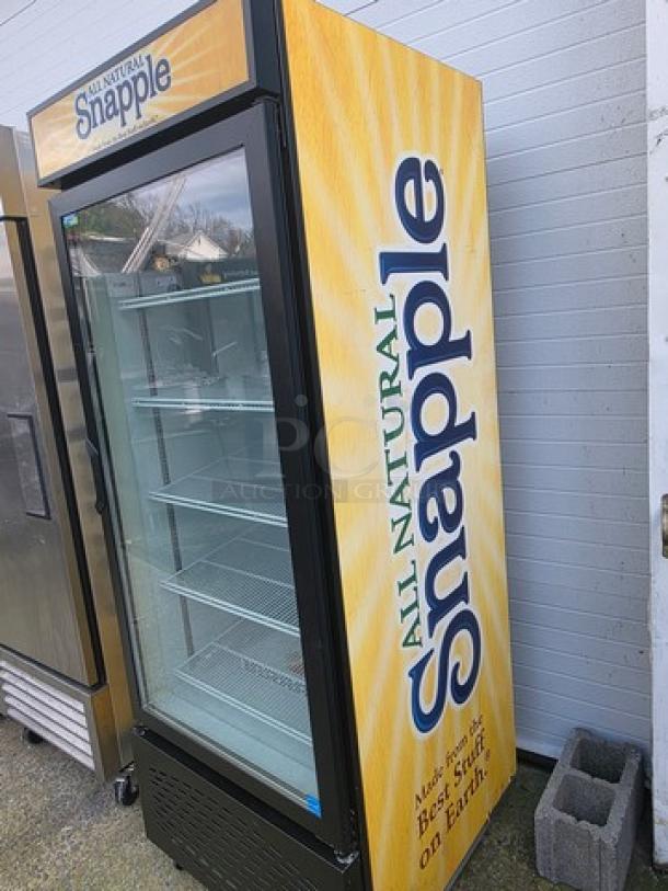 Frigoglass MC750-V2 single glass door refrigerator merchandiser on casters, Snapple branding, excellent condition.