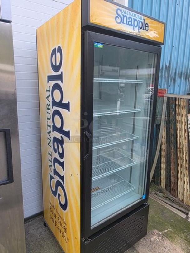 Frigoglass MC750-V2 single glass door refrigerator merchandiser on casters, featuring Snapple branding, in good condition.