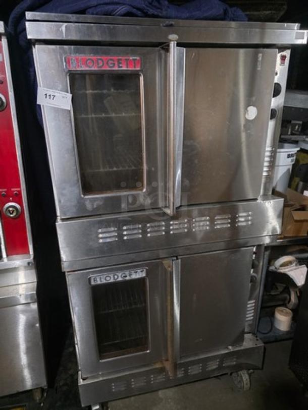 Blodgett SH1G-AA Double Stack Natural Gas Convection Ovens on casters, stainless steel, visible brand logo, good condition.