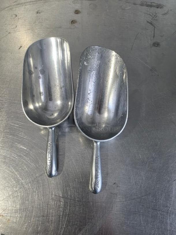 Lot of 2 Winco 12oz stainless steel scoops, gently used condition, with "Winco" engraved on handles.