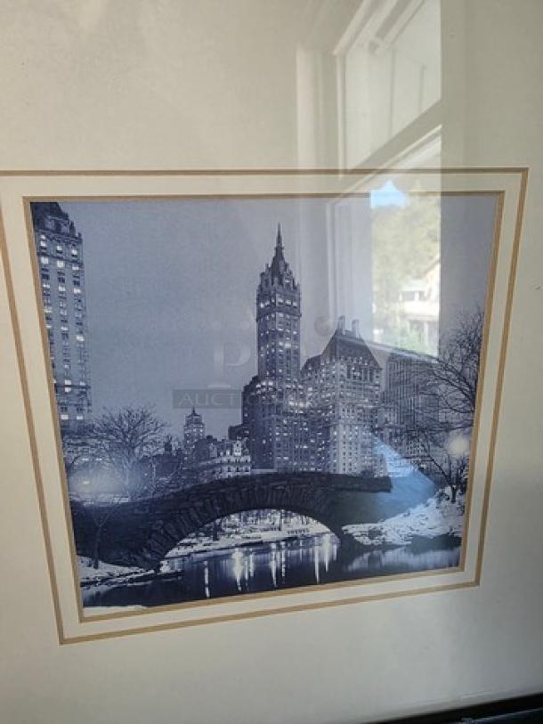 Set of three framed black and white cityscape photos, featuring historic architecture and a river bridge. Excellent condition.