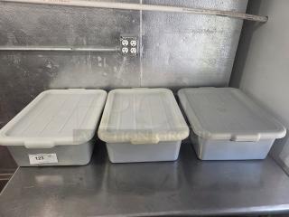 Lot of 3 plastic bus tubs with lids, gray color, good condition, placed on a metal counter. Marked 123 on the side.
