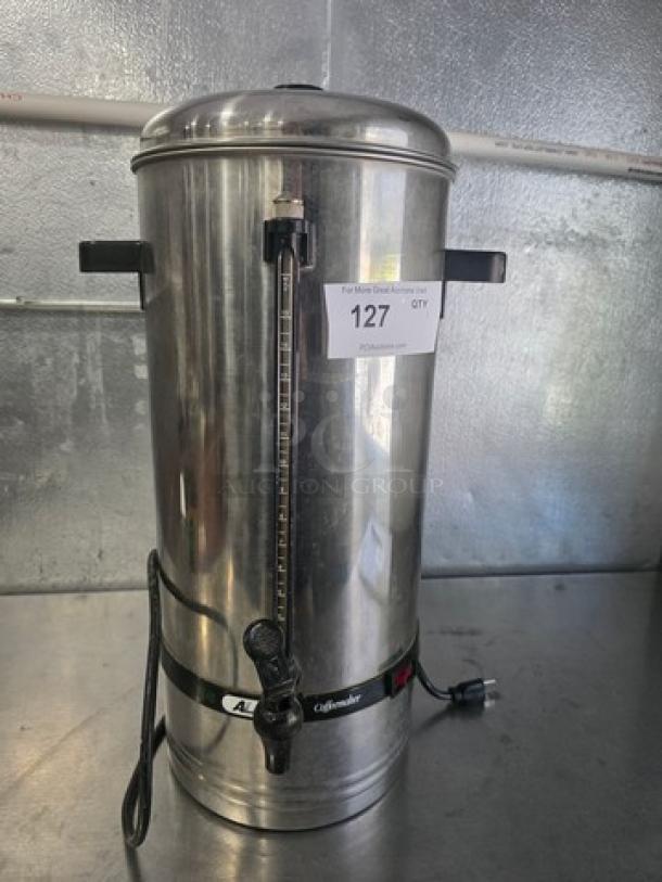 Alfa Coffee Maker CM-110, stainless steel, used condition, vertical water gauge, visible power cord, labeled "For Sale - 127 QTY".