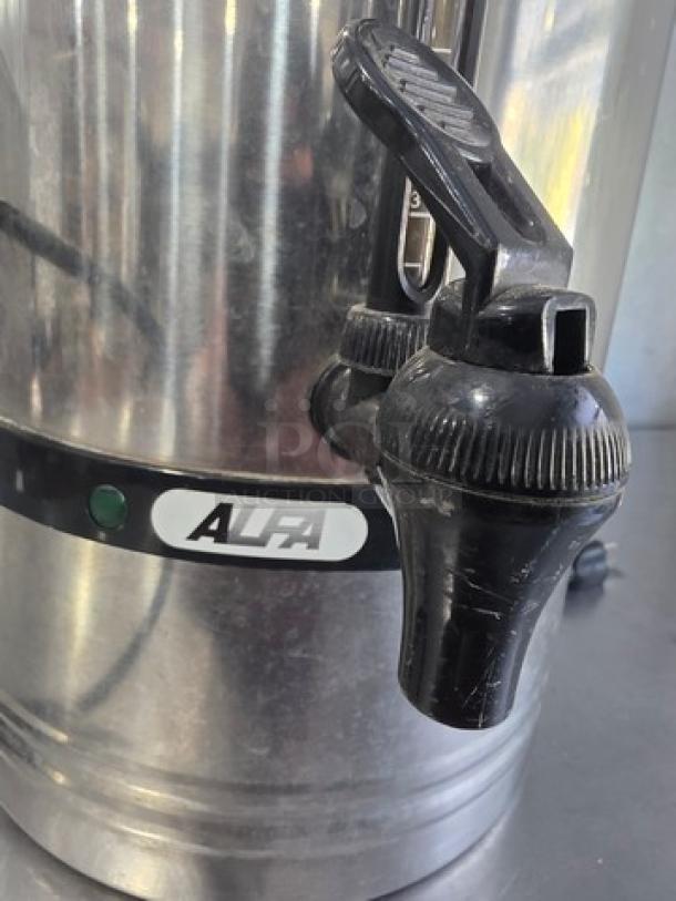 Alfa CM-110 coffee maker, stainless steel, visible spout, Alfa logo. Good condition, ideal for commercial use.