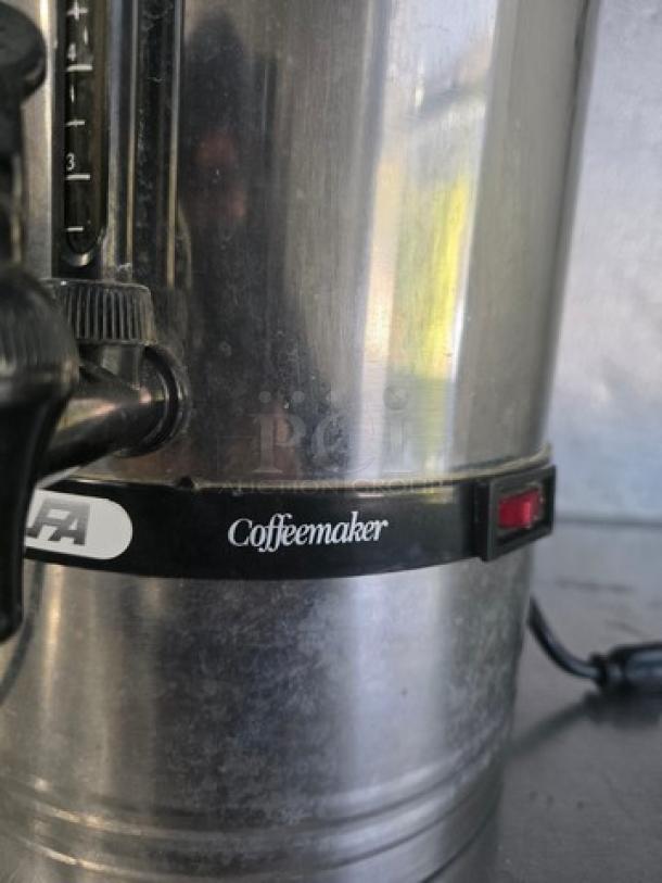 Alfa CM-110 Coffee Maker, stainless steel body, visible power switch, moderate wear, brand and model markings present.