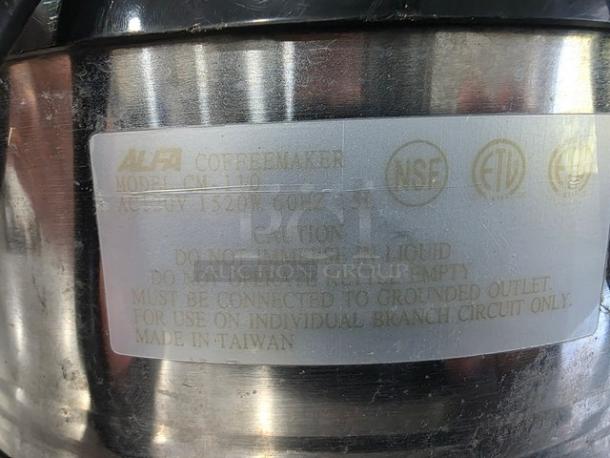 Alfa Coffee Maker CM-110, stainless steel, 1520W, caution label advises grounded use, made in Taiwan, good condition.