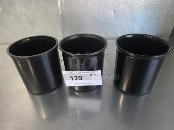 Lot of 3 Cambro CP12 plastic crocks, 1.2 qt. each, black, round, in good condition. Auction tag shows quantity 3.