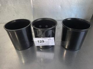 Lot of 3 Cambro CP12 plastic crocks, 1.2 qt. each, black, round, in good condition. Auction tag shows quantity 3.