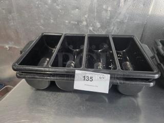 Lot of 2 black cutlery bins, four compartments each, used condition. Includes auction tag “135 QTY 2”.