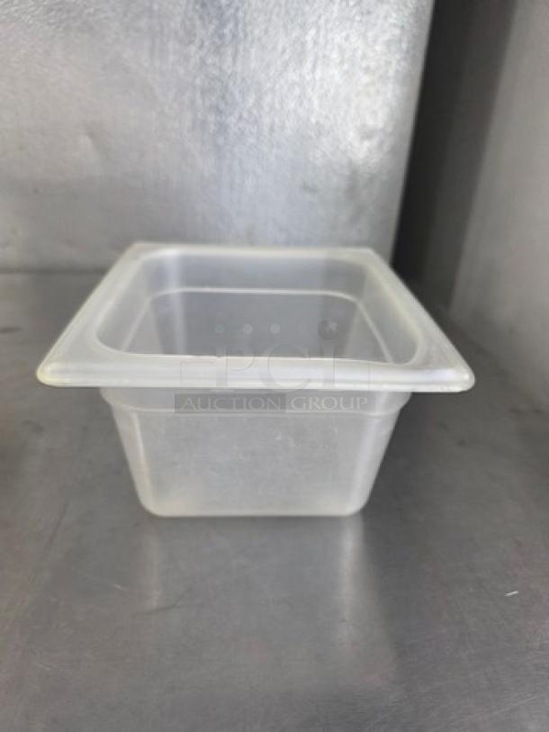 Lot of 6 square plastic food pans, clear, durable, good condition, ideal for kitchen storage or catering use.