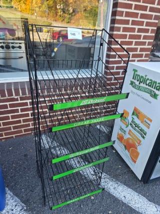 5 tier wire shelving unit with black metal frame, labeled shelves, and sturdy construction; suitable for display or storage.