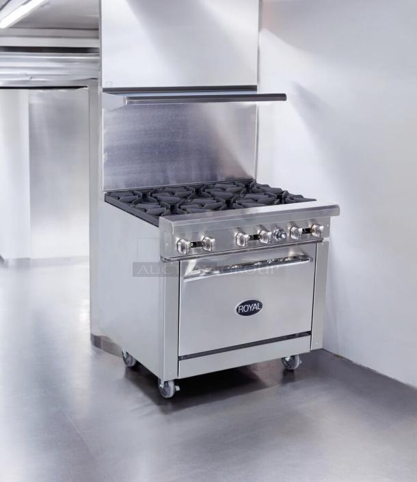 Royal Range RR-6, 6-burner gas range with standard oven, natural gas, outstanding condition, fully tested, heavy-duty, USA made.