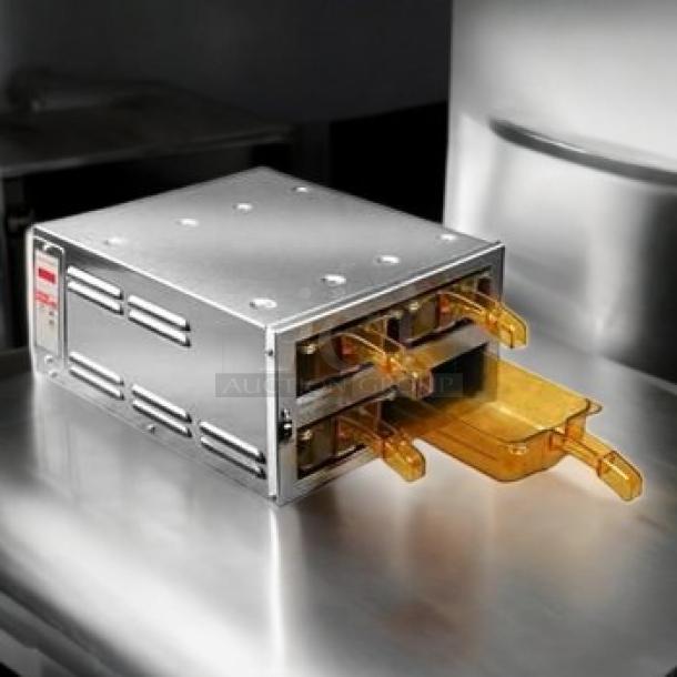 Pristine Henny Penny MPC22.05 warming drawer, 4 compartments, 120V, fully tested, stainless steel, ideal for commercial use.
