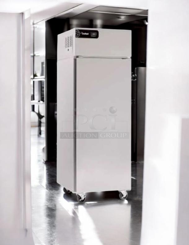 Delfield GBF1P-S-IJ single door reach-in refrigerator, excellent condition, 115V, commercial-grade, on casters, fully tested.