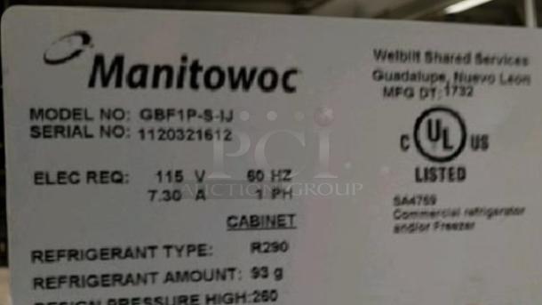 Label on Delfield Manitowoc GBF1P-S-IJ refrigerator, showing model number, 115V, 60Hz, UL Listed, R290 refrigerant info.