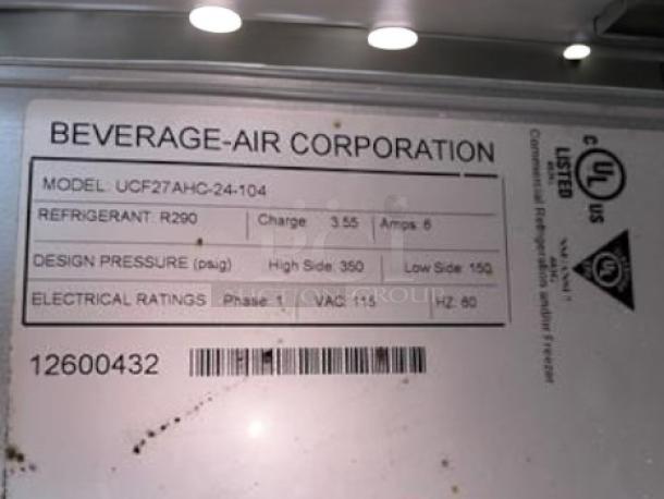 Beverage-Air UCF27AHC-24-104 label showing model, refrigerant R290, design pressure, and electrical ratings (115V, 60Hz).