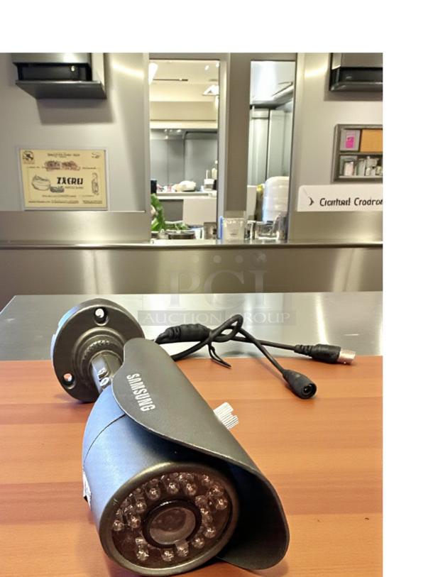 Samsung outdoor security camera; superb condition, infrared night vision, 12V DC, fully tested, bullet style, visible logo.