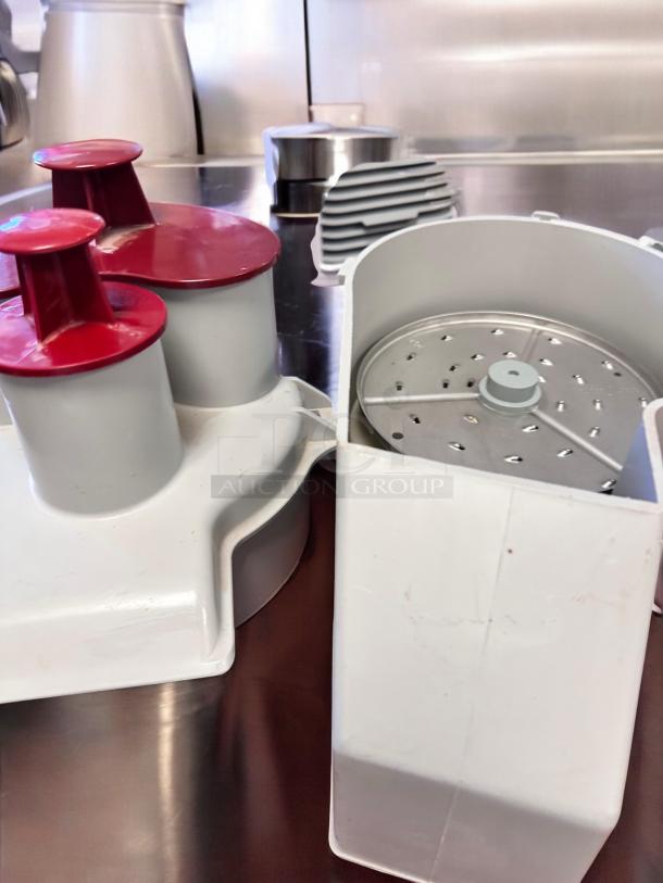 Pristine Robot Coupe feed attachment with pusher, grating disc; model for R2, R2N, R301 series; fully tested, working.