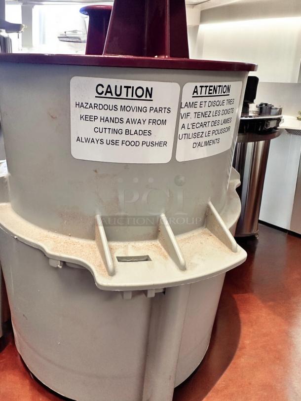 Robot Coupe continuous feed attachment with pusher and grating disc, pristine condition, caution labels visible, tested and working.