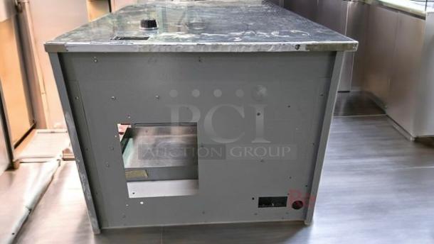 Stainless steel workstation cabinet with built-in power outlets and pull-out tray. Custom Commercial Fabrication, superb condition.