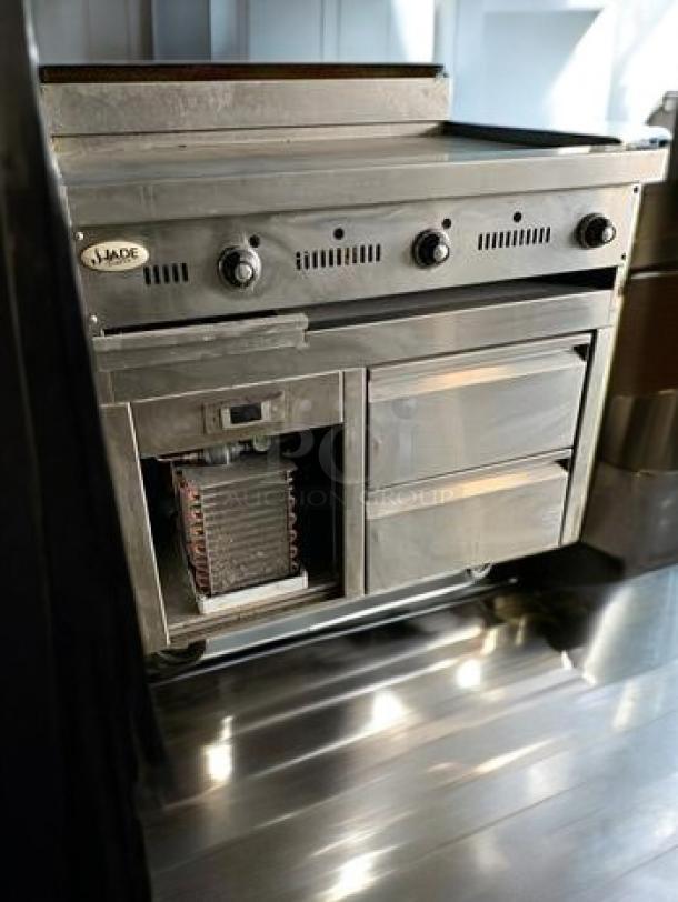 Immaculate Jade Range JTRH-24-Titan 24" gas griddle, refrigerated base, 120V, fully tested & working, stainless steel finish.