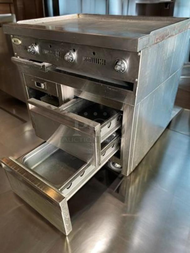 Immaculate Jade Range JTRH-24-Titan 24" gas griddle with refrigerated base, stainless steel, fully tested, 120V.