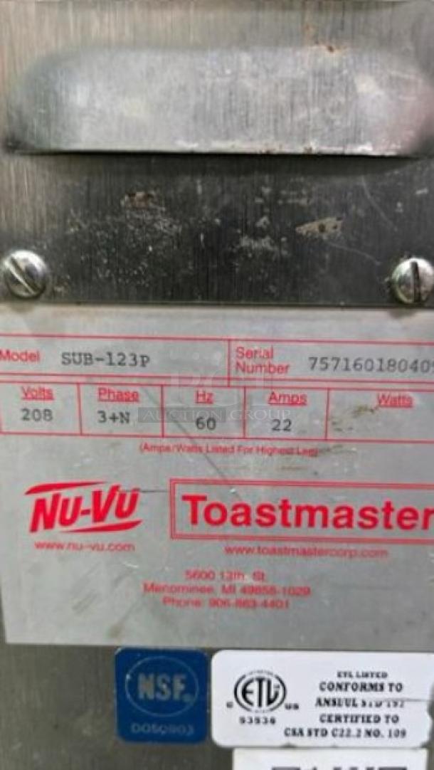 Nu-Vu Toastmaster SUB-123P electric convection oven/proofer combo, model plate showing 208V, 3PH, fully tested.