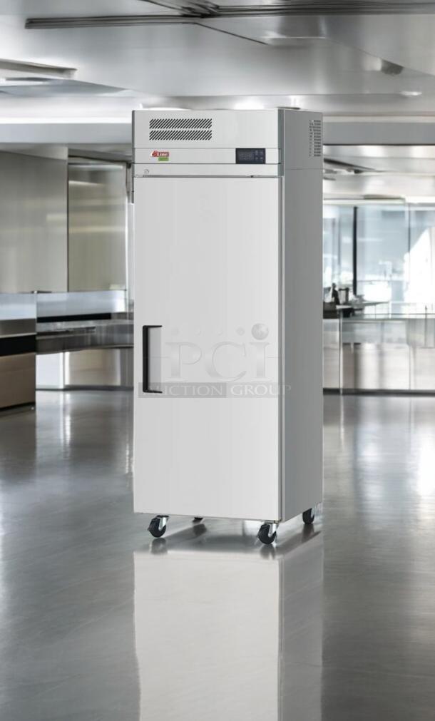 Turbo Air EF24-1-N-V single door freezer, pristine condition, 115V, solid door, on casters, model label visible.