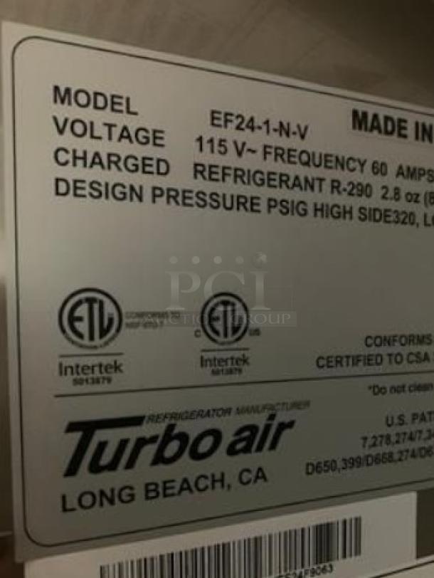 Turbo Air EF24-1-N-V freezer label showing model, 115V voltage, refrigerant details, and certifications.